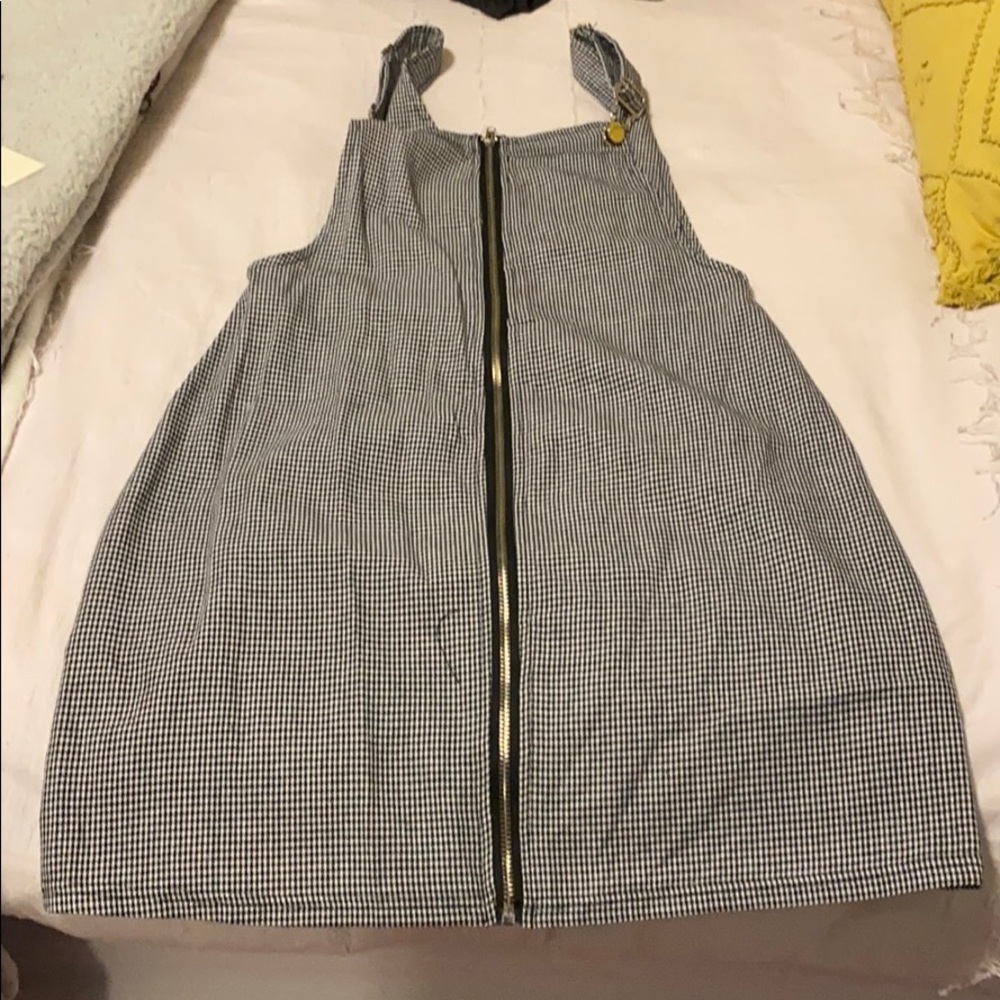 black and white plaid overall dress